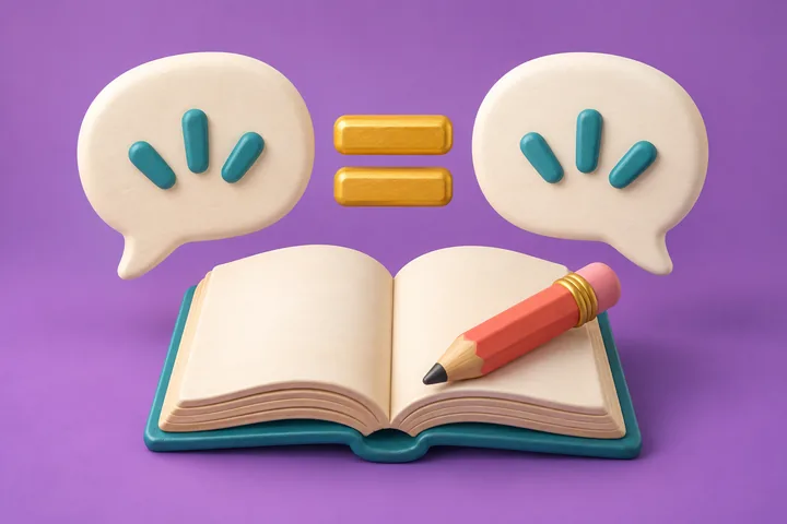 Eşittir işaretiyle bağlanan iki konuşma balonu ve açık kitap