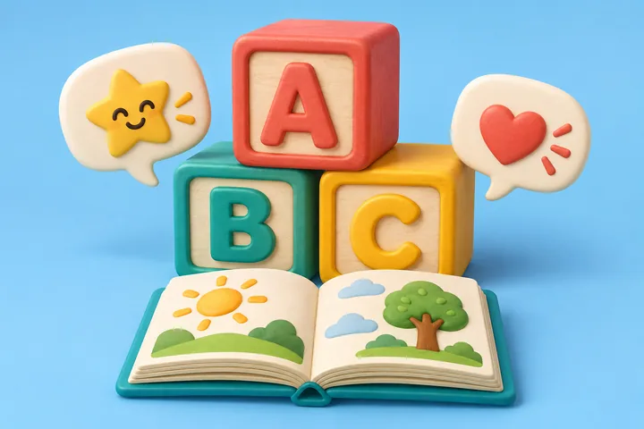 A, B ve C harfli bloklar, konuşma balonları ve açık kitap