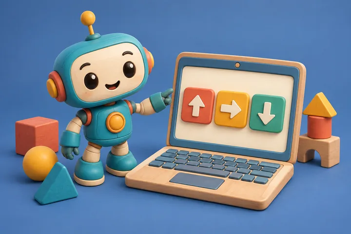 Sevimli robot ve ekranında yön komutları bulunan bilgisayar