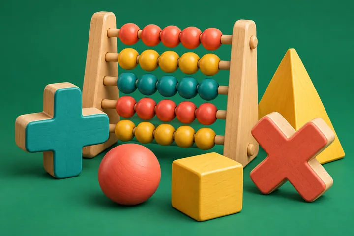 Abaküs, işlem işaretleri ve renkli geometrik cisimler