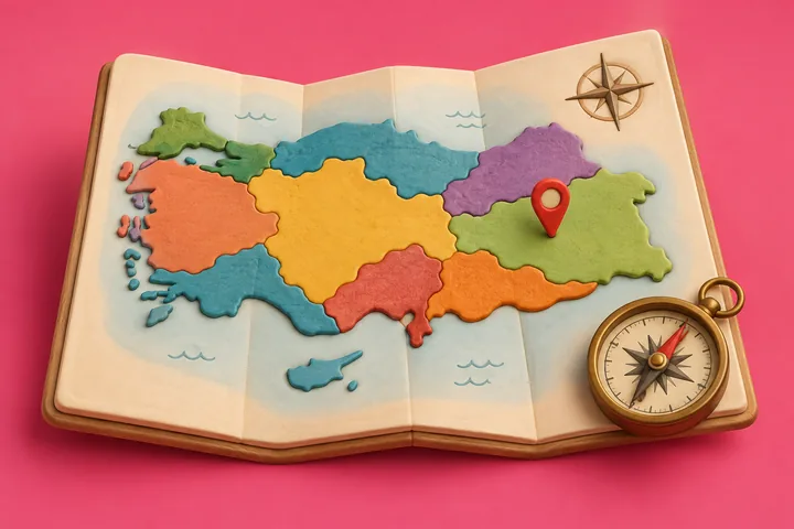 Katlanmış atlas üzerinde renkli Türkiye haritası, konum işareti ve pusula