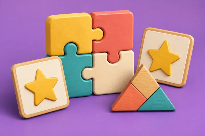 Renkli yapboz parçaları, yıldızlı hafıza kartları ve tangram
